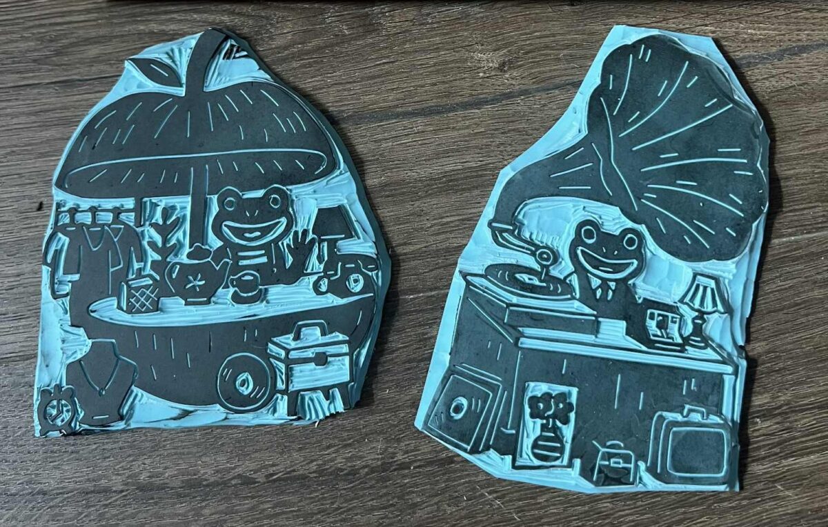 Atelier de création d'un tampon gravé en gomme pour imprimer sur des textiles